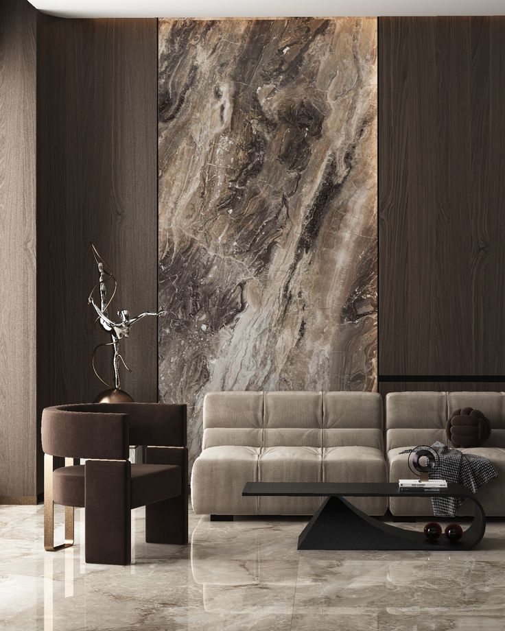 Bookmatch desenli mermer duvar kaplamasıyla tasarlanmış modern oturma alanı